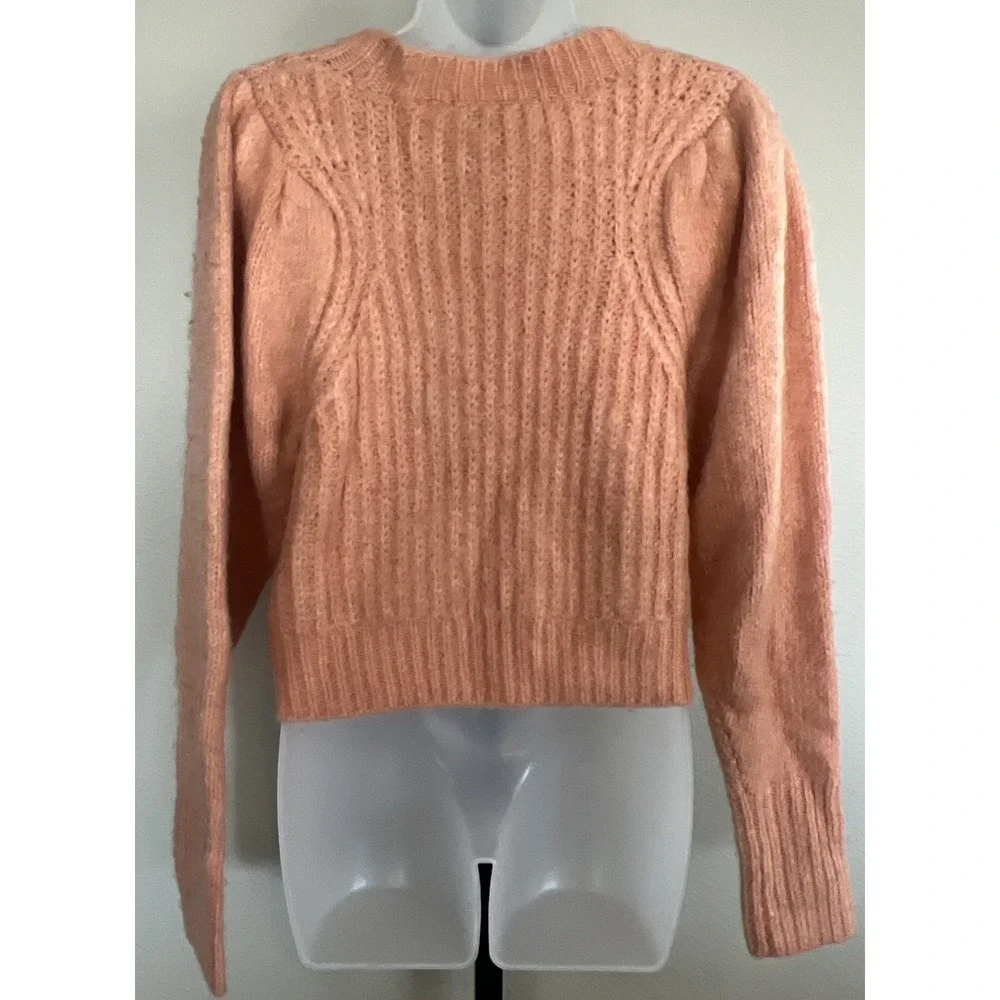 💗 TOPSHOP Peach Orange Cable Knit Puff Sleeve‎ Rib Pullover Small UK4/6 36-38